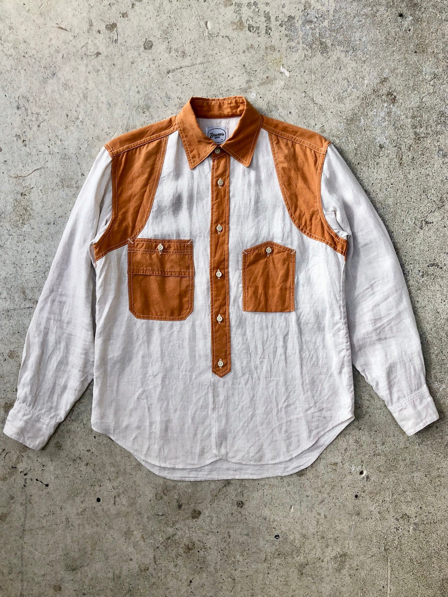 【archive】90s 2tone knit color line shirt Two Tone Linen Work Shirt – SEAMS